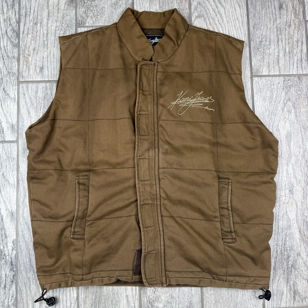 VTG 90s Y2K Karl Kani Jeans Vest Men's Size XL Tan Brown Zip Strap Safari‎ RARE